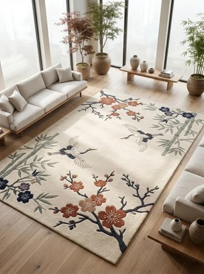 Hand Tufted Wool Area Rug Neutral Beige Bamboo Floral Rug Jalanda Living Room Ru