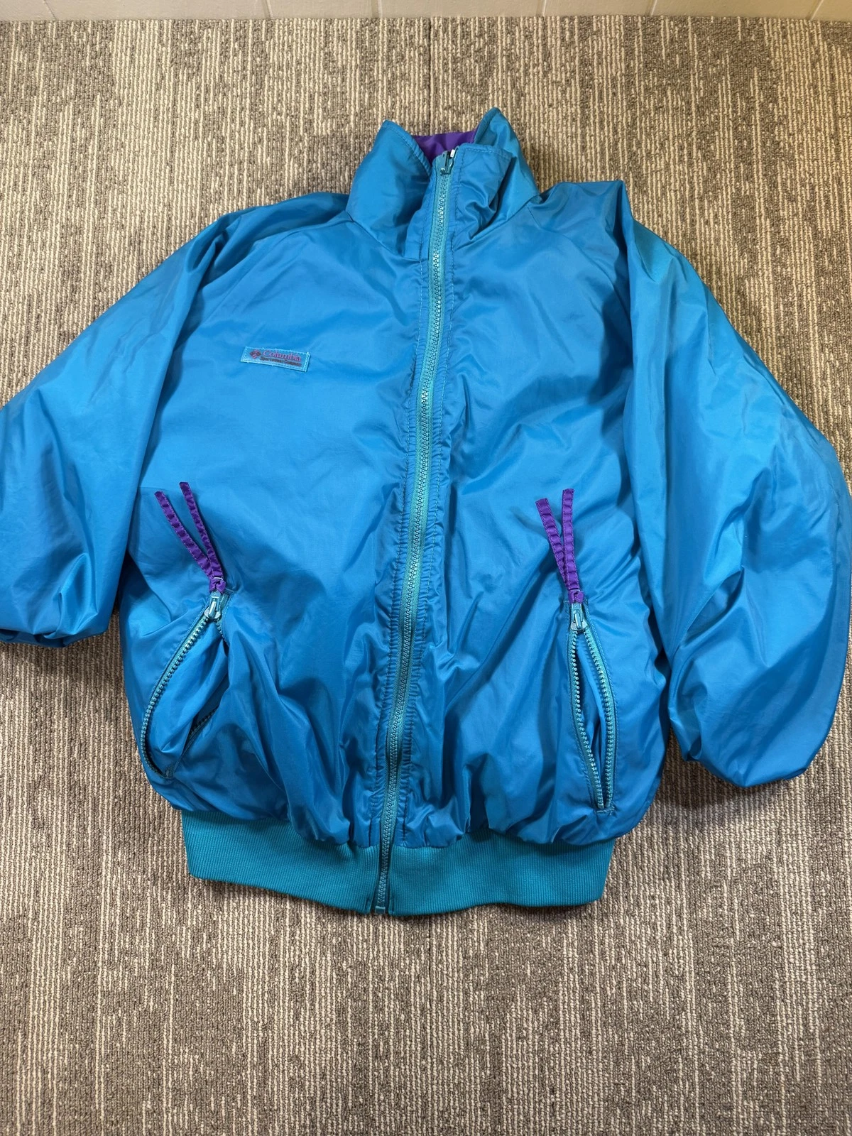 Columbia Jacket Mens Medium Blue Purple Reversible Puffer Bomber Winter Coat