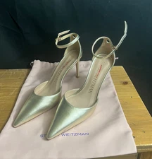 NWOB STUART WEITZMAN Women's 85MM Metallic Gold Leather Pointed-Toe Pumps 6.5/37