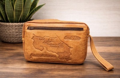 Costa Rica Tooled Leather Wristlet Clutch Brown Map Souvenir Bag