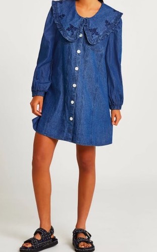 River Island Large Collar Denim Dress UK 12 Blue Embroidered Mini Buttoned - Picture 14 of 14