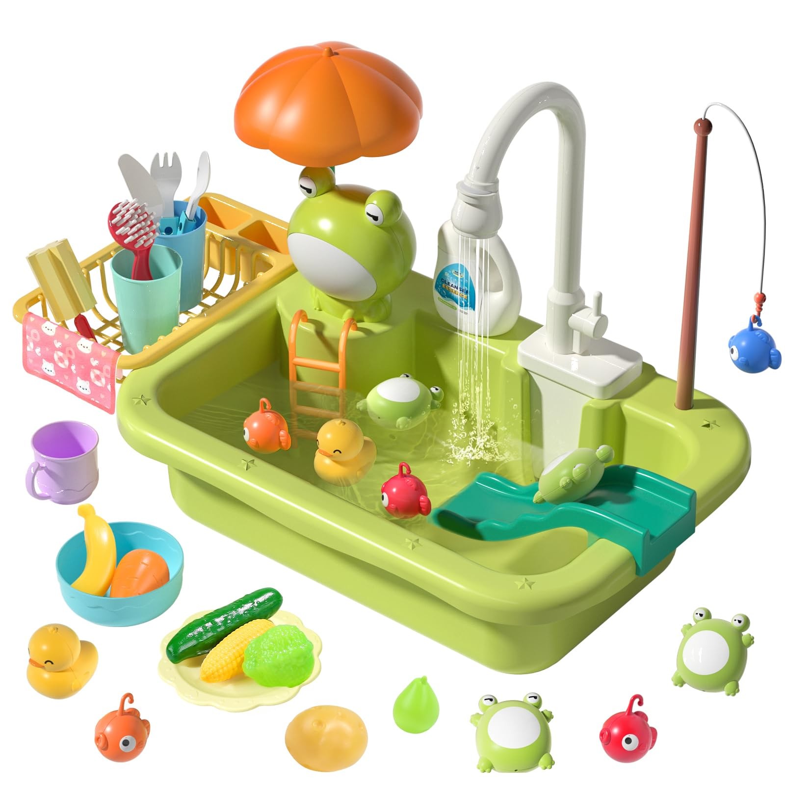 CUTE STONE Play Sink with Running Water and Electric Faucet Kitchen Toy Set