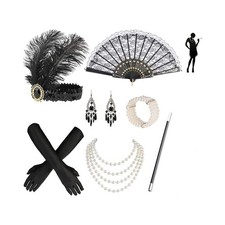Flapper Costume Set Kit Headband Gloves Cigarette Holder Earrings Pearl Necklace