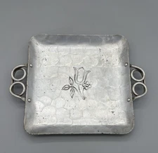Vintage Buenilum Aluminum Serving Tray Scrolled Handles Flower Engraving 9.5"