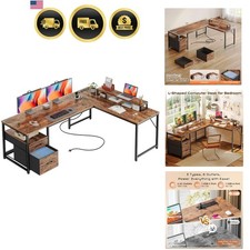 L Shaped Desk Computer Desk with Power Outlets USB-C Ports Large Rustic Brown...