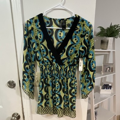 BISOU BISOU Graphic Dot Print Deep V Bell Sleeve Tunic Blouse XS Y2K Style 