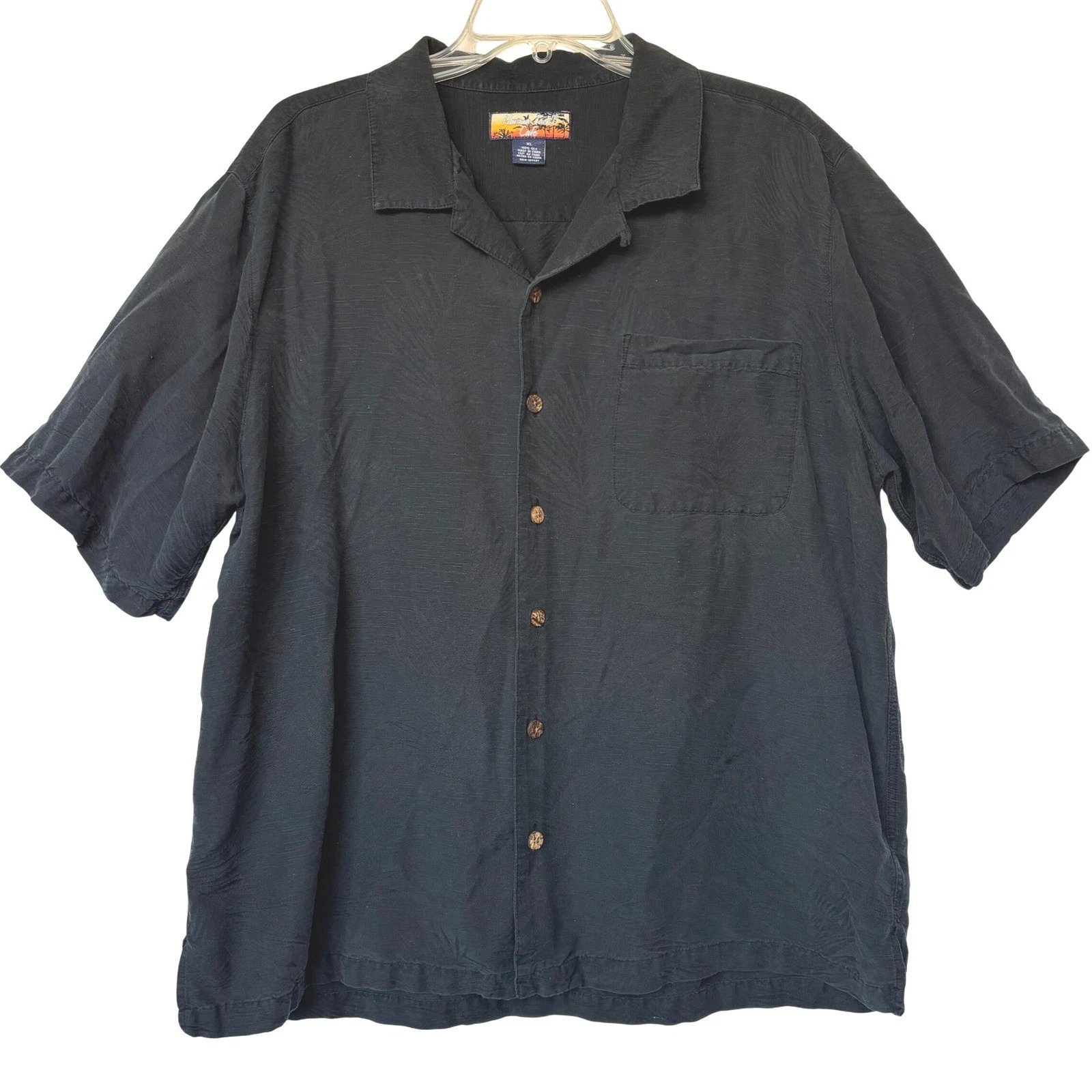 Hawaii Jacks Cafe Black 100% Silk Shirt XL Short Sleeve Leaf Print Aloha Casual