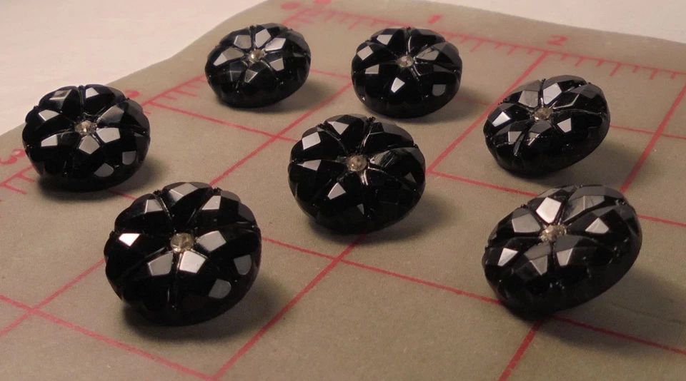 3 Lovely Jet Black Czech Glass Faceted Shank Button Flower Rhinestone Center 521 - Image 3 of 4