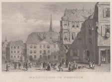 Bensheim Marktplatz Original Stahlstich Gr&uuml;newald 1840