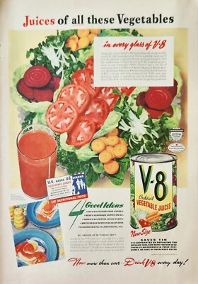 1942 V 8 Cocktail Vegetable Juice Vintage Ad Juices of all these Vegetables