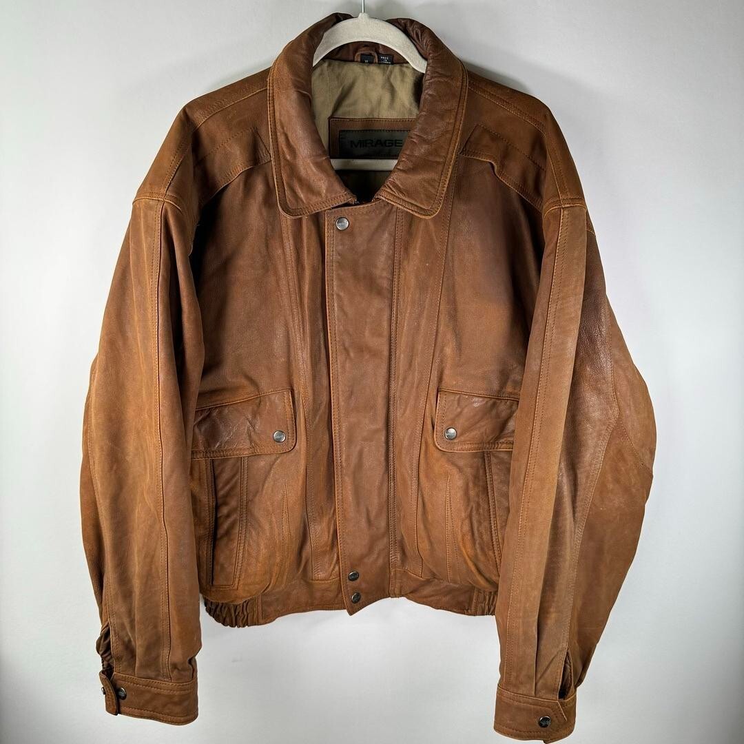 Mirage Mens Collared Cuffed Leather Jacket Light Brown Heavy Biker
