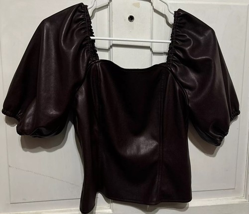 ANDREW MARC MARC NEW YORK Brown Faux Leather Puff Sleeve Top Size XSmall NWT