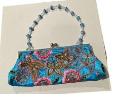 Vintage Beaded Butterfly Satin Evening Clutch Purse Turquoise Blue Kiss Lock Bag