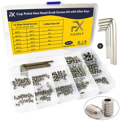 FIXXELY Set Screws Assortment Kit (M3, M4, M5, M6, M8) with Allen Keys   Dura...