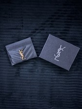 Saint Laurent YSL Logo Card Wallet Card Holder in Gray with Gold Tone Logo