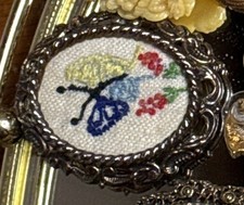 Vintage Petit Point Butterfly Brooch Needlepoint Filigree Frame Pin