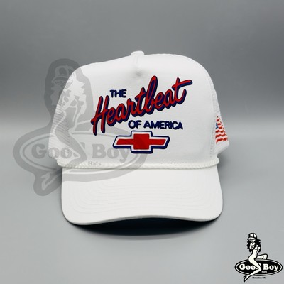 The Heartbeat Of America Chevrolet Hat Vintage Retro White Trucker Cap Chevy USA