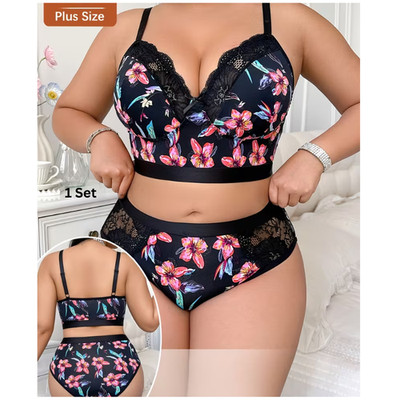 Women's Plus size Lingerie Set with Print and Lace Patchwork, High Support