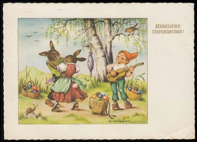 AK Ostern, Zwerg Gitarre Hasenpaar tanzt, G. Lambert, SST ZOO KARLSRUHE 2.4.58