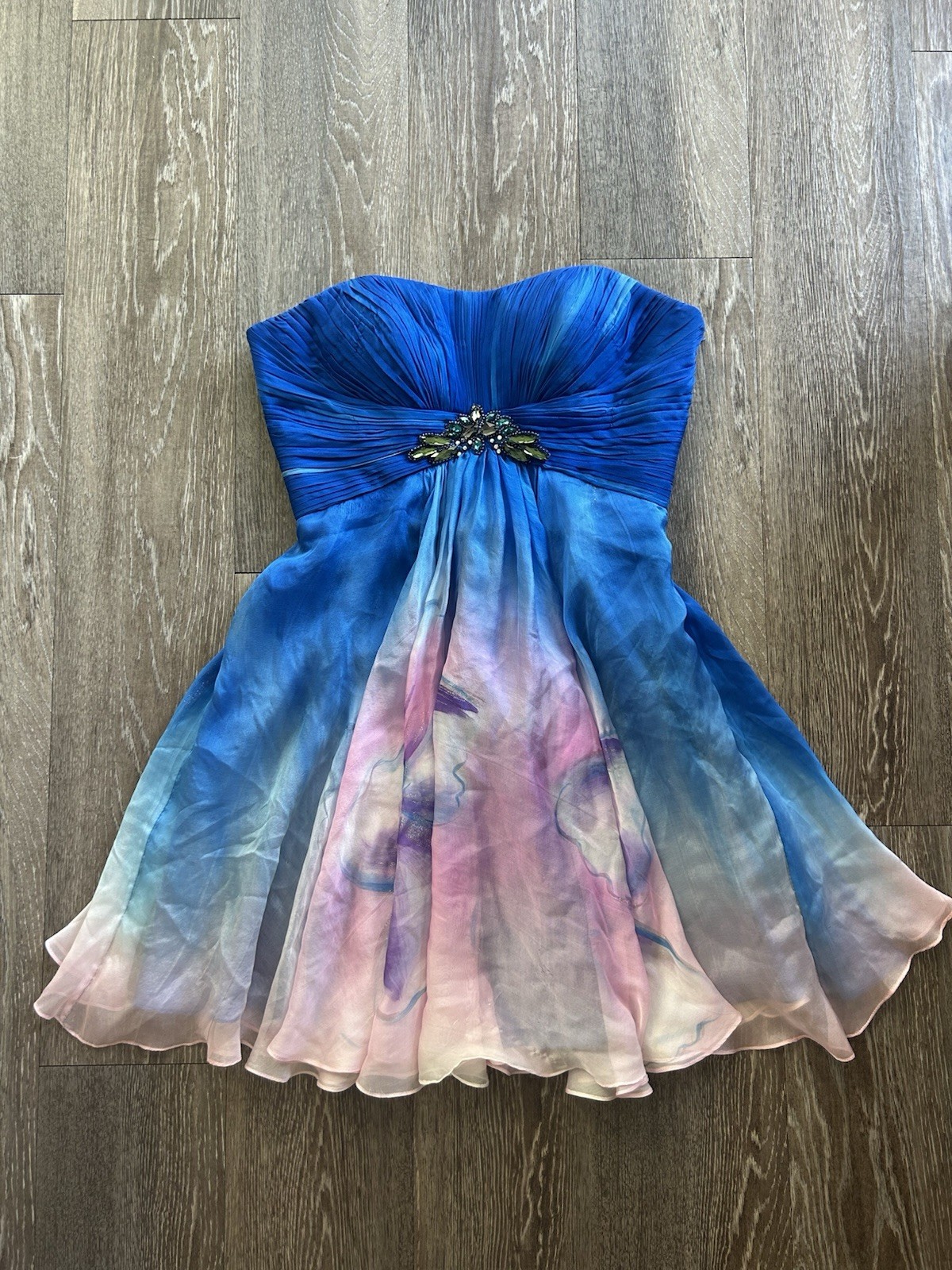 Vintage Silk Ombré Floral Strapless Mini Dress Y2K Prom Fairy Mermaid