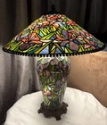 Tiffany Style Art Nouveau "Iris Garden" Leaded Glass Table Lamp Lit Base