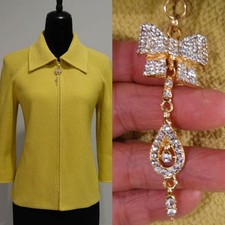 ST JOHN YELLOW w TEXTURED/ Sparkling rhinestone zipper pull KNIT JACKET SZ 4