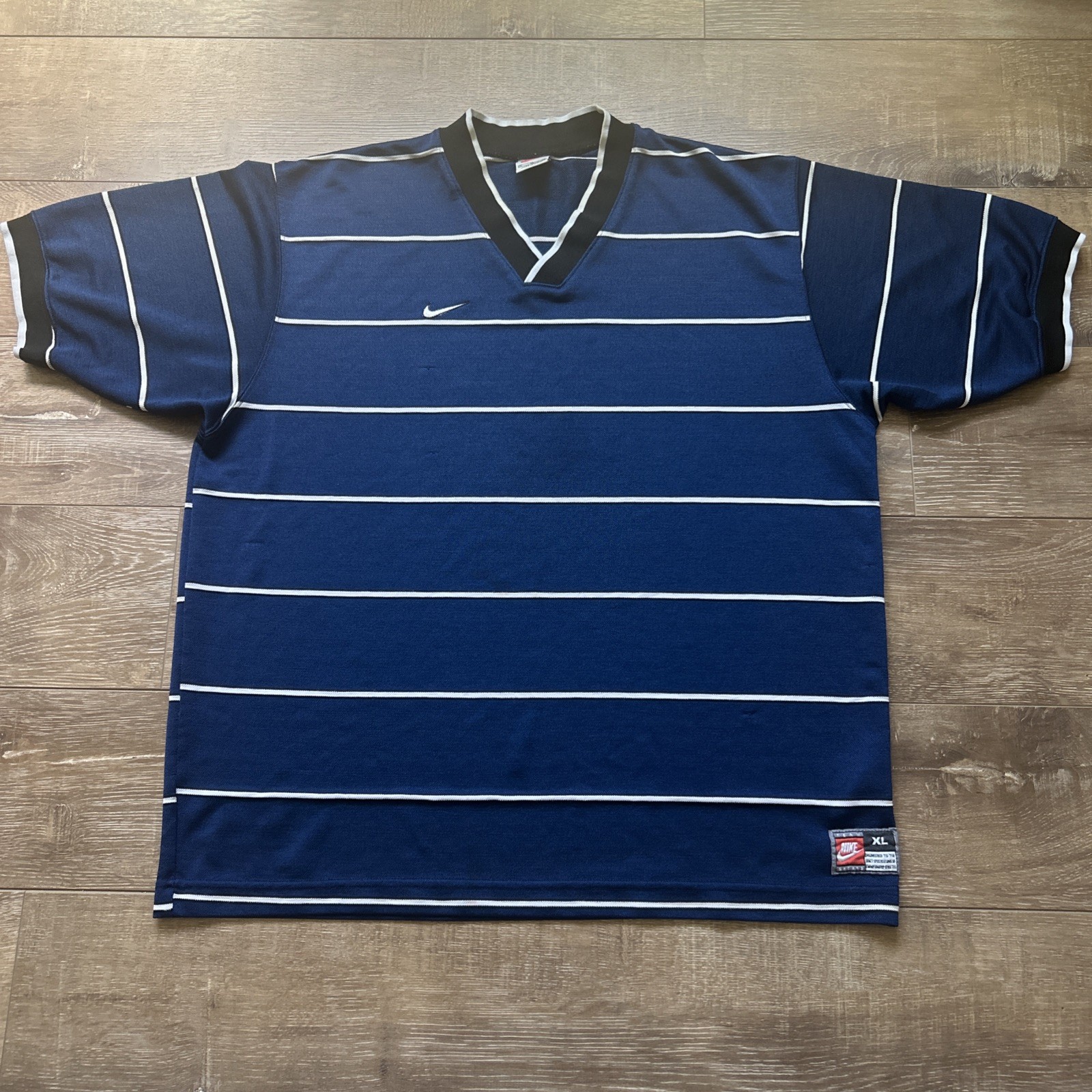Vtg 90s Nike White Tag Swoosh Blue Striped Soccer Jersey V Neck Sz XL