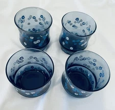New Set 4 Libbey 3 1/4" On the Rocks or Juice Glasses Blue Daisy Spring Blossom 