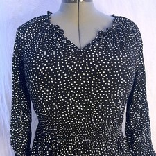 Talbots Dress Black White Dot Midi Dress, Smocked Waist 3/4 Sleeve Ruffle Tier M