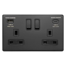 Matt Black Double 13A 2 Gang DP Switched Socket with USB Quick Charge BL4118-20W
