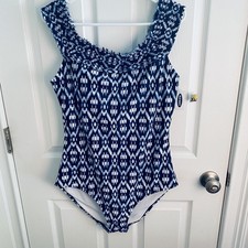 Old Navy Swimsuit Womens XL Tall Blue White One Piece Smocked Ikat Bathing Suit