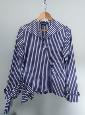 J. Peterman Wrap Blouse Womens Size 12 White Blue Stripe Long Sleeve NEW NWOT