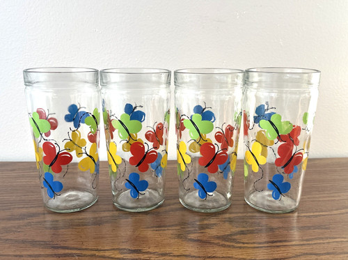 Set Of 4 Anchor Hocking Jelly Jar Type Butterfly Glasses Tumblers Vintage