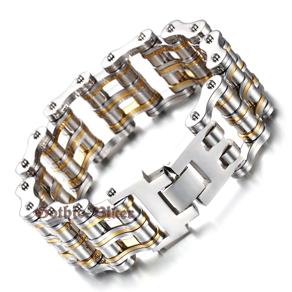 Brazalete de eslabones de cadena de acero inoxidable sólido pesado para motocicleta bicicleta plata/dorado para hombre Foto 3 de 4