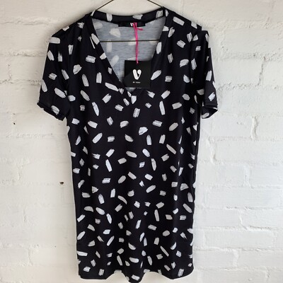 V by Very Longline V-Neck Bluse T-Shirt - Schwarz/Weiß Print UK8