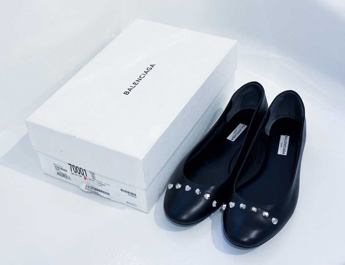 NIB NEW Balenciaga Black Leather Ballet flat Shoes Studded US 8.5