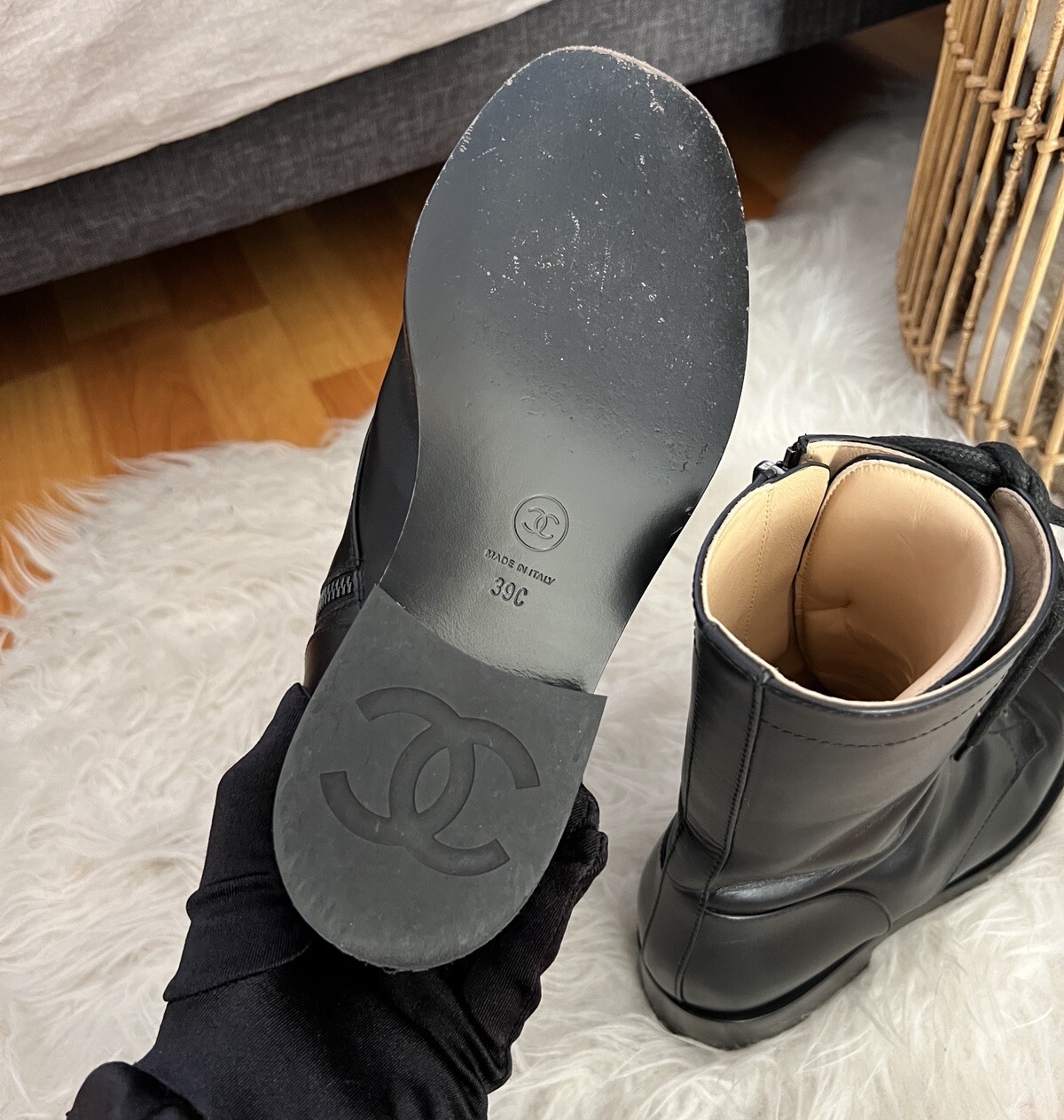 Auth Chanel Classic Black Leather CC Logo Lace-Up Combat Boots - Size 39 image 8