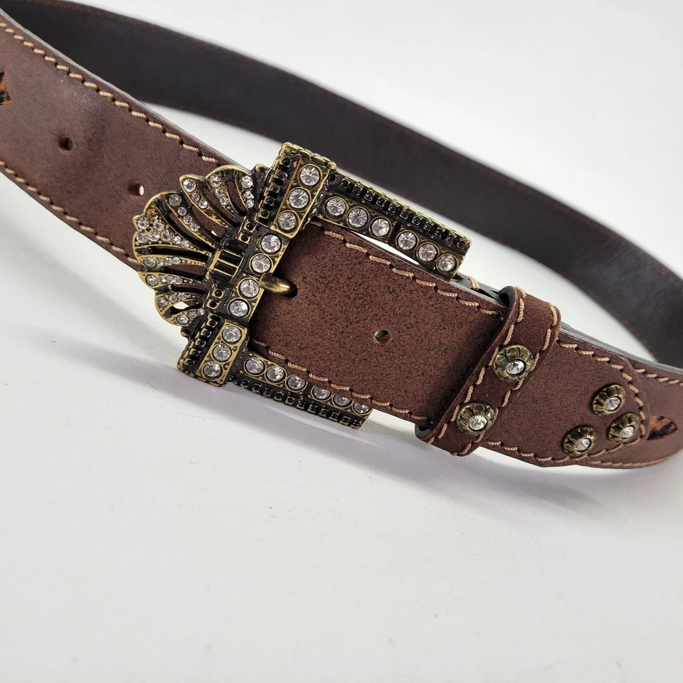 Cinturón de cuero Nanni 34 tachonado estrás hebilla bling guepardo becerro marrón Foto 2 de 4