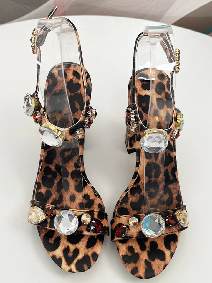 Womens Leopard Print High-heeled Sandals Buckle Crystal Open Toe Shoes Size 43 - Image 4 of 4