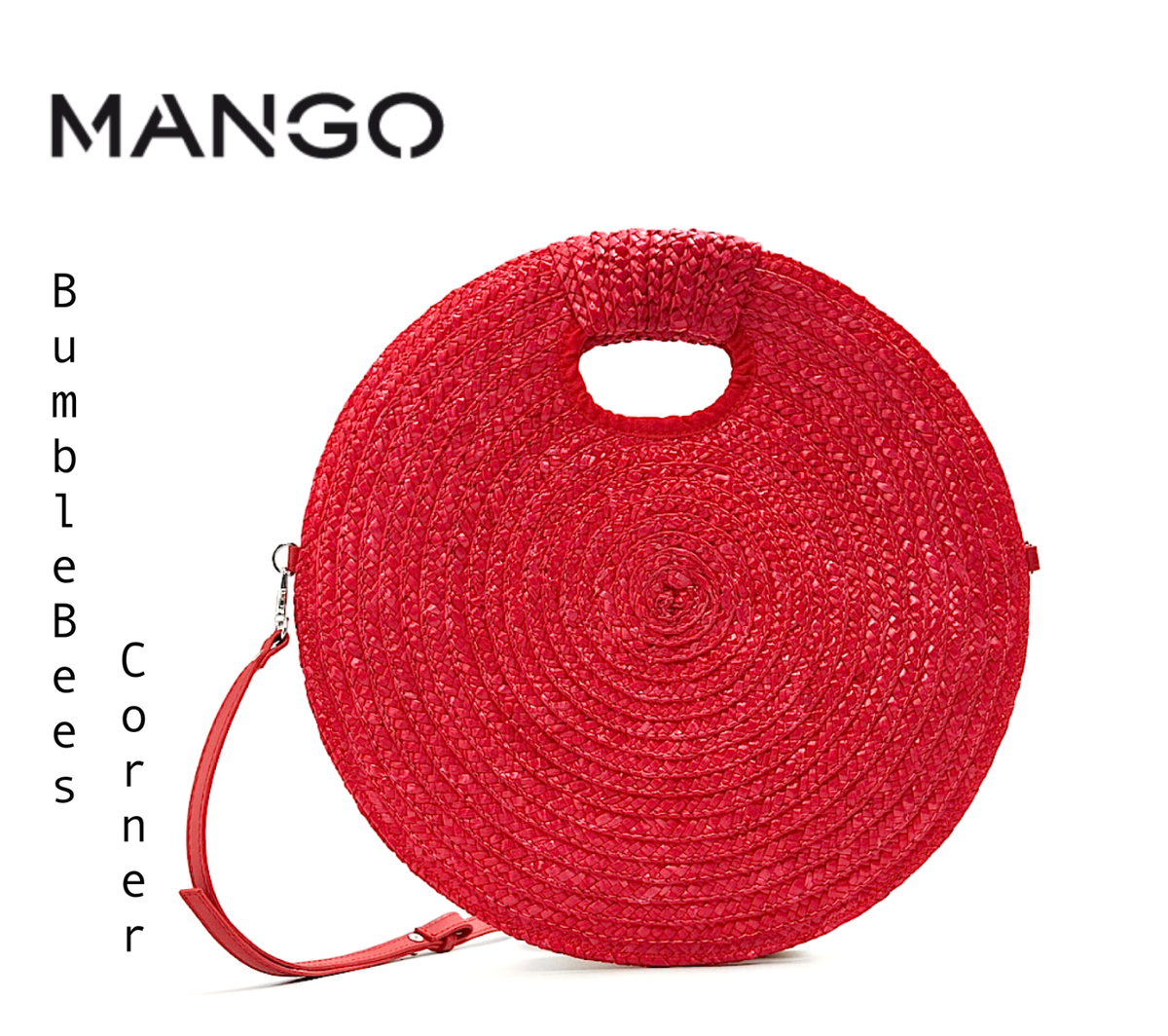MANGO Round RAFFIA Bag BRAIDED STRAW Weave FLAT DISC Fuchsia Strap