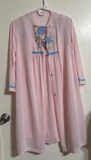 VTG Sears Medium 2 pc. Nightgown Robe, Pink w/ Blue Trim  Floral Embroidery M
