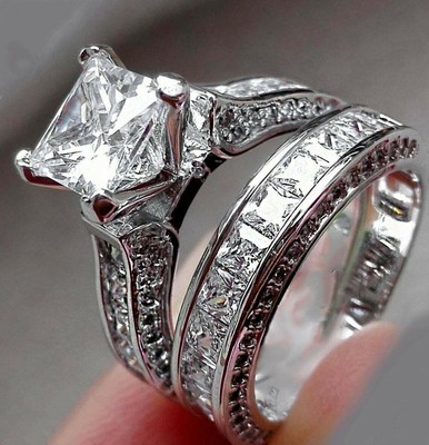 Channel Set Lab Created Bridal Ring Set 14K White Gold Plated 4ct Diamond
