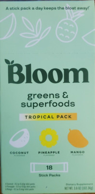 Bloom greens & superfoods Tropical Pack 18 Sticks Coconut/Pineapple/Mango 12/25