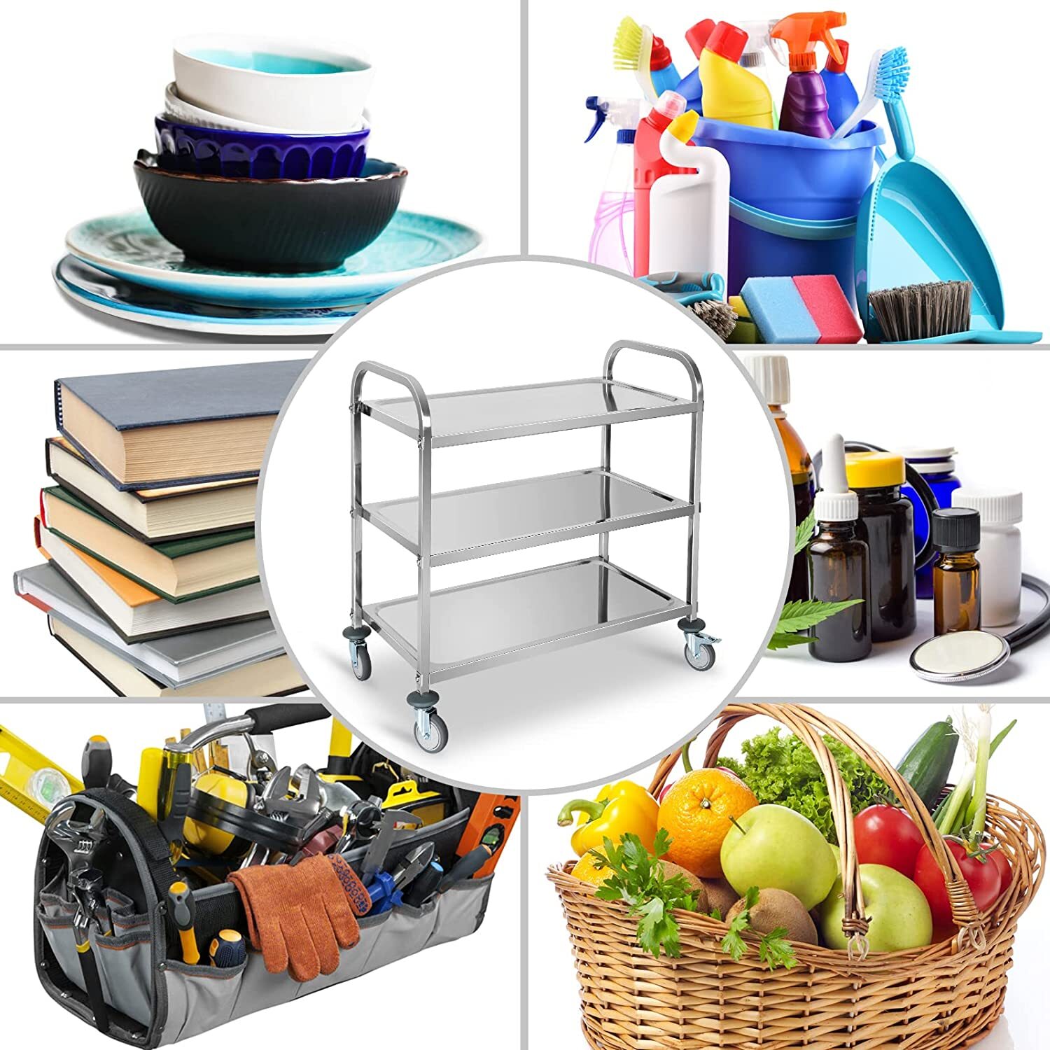 3Tier Medical Trolley Mobile Rolling Cart Hospital Kitchen Utility