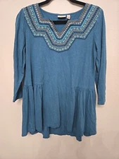 Logo by Lori Goldstein Teal/Blue Boho Embroidered Tunic Top SMALL V-Neck Peasant
