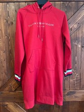 Womens Tommy Hilfiger Red Large Hooded Sweatshirt Dress with Signature TH Band