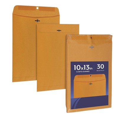 30 Gummed Clasp Envelopes, 10 X 13, Heavy Duty Kraft Paper, Brown