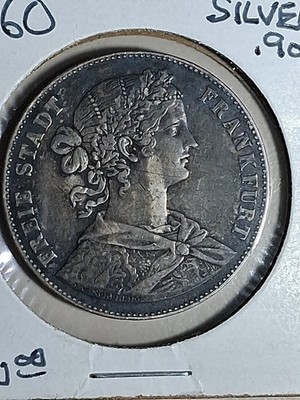 1860 Frankfurt Vereinsthaler Francofurtia .900 Silver Coin KM 360 XF Details