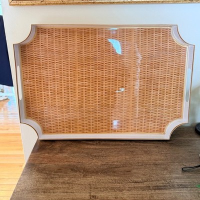 Jayes Studio WH Hostess Serving Tray Large White Tan Faux Rattan Gold Trim 18.5''