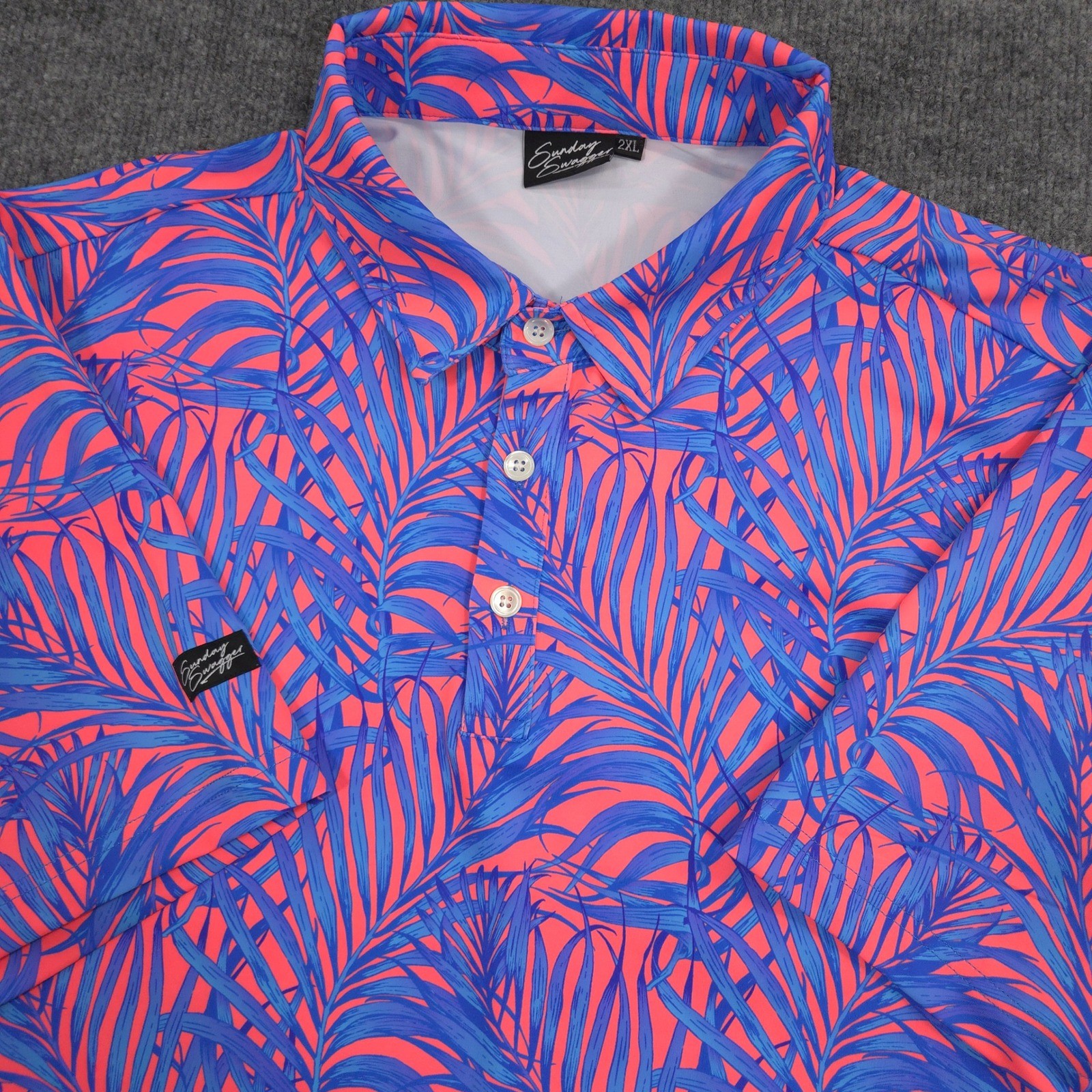 Sunday Swagger Polo Shirt Mens 2XL Blue Tropical Floral Print Golf Performance